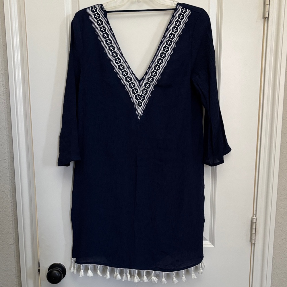 Kona Sol Navy V-Neck Swim Cover-Up with tassels